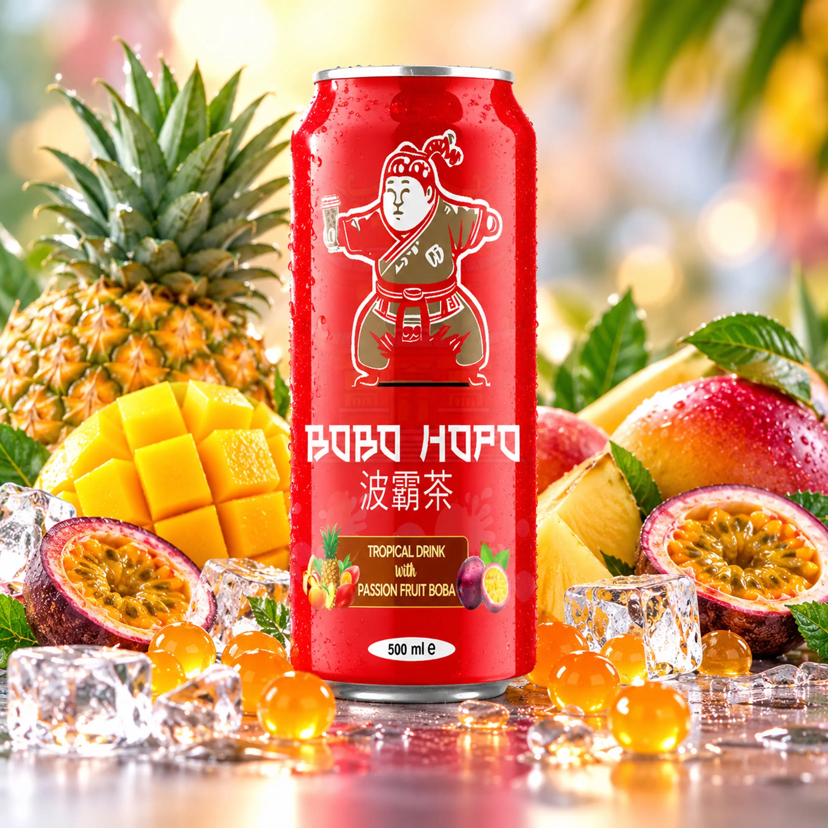 Bobo Hopo 500 ml tropical drink with passion fruit boba, pineapple, mango, passion fruit, ice cubes and boba pearls.